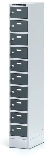 Alfa 3 Šatníková skrinka na sokli s úložnými boxami, 10 boxov, 1920 x 300 x 500 mm, otočný zámok, tmavosivé dvere