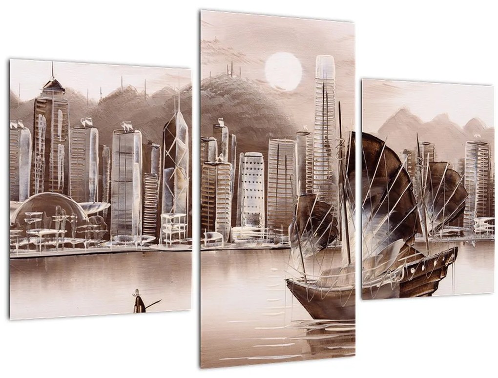 Obrázok - Victoria Harbor, Hong Kong, sépiový efekt (90x60 cm)