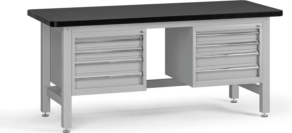 Pracovný stôl do dielne G4 s 2 závesnými boxami na náradie, MDF + PVC doska, 8 zásuviek, 1800 x 750 x 800 mm, sivá
