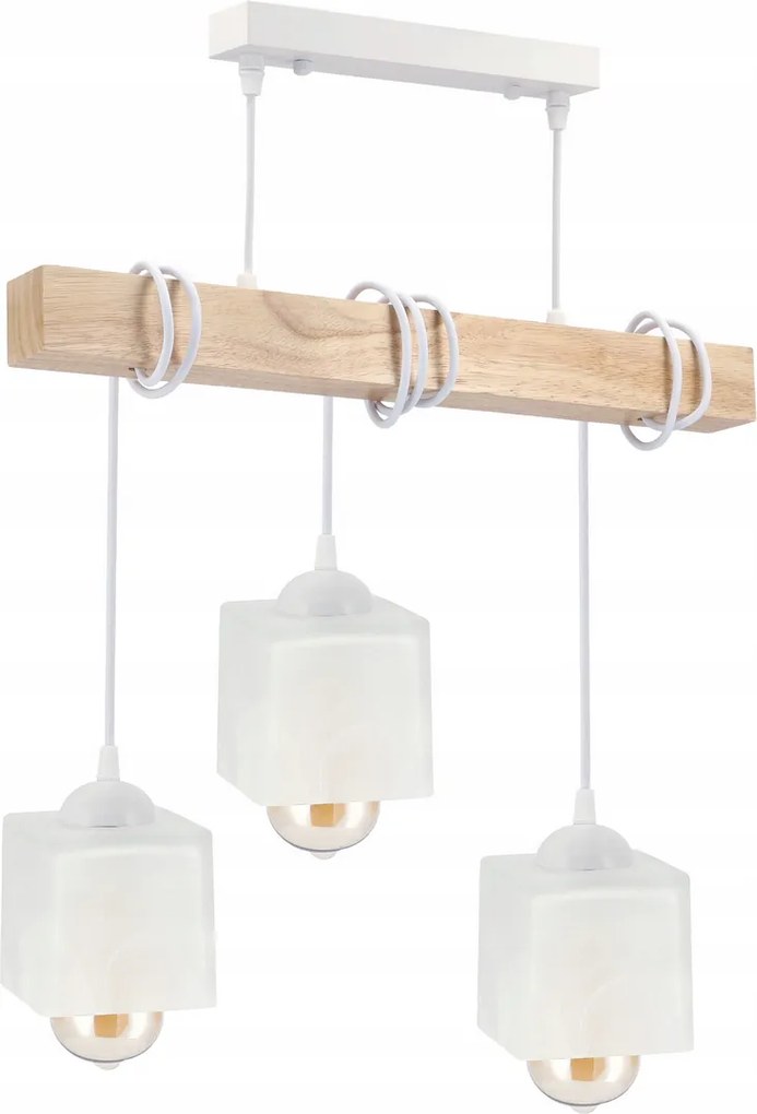 BERGE LED závesné stropné svietidlo, drevený trám, 3xE27, loft, mliečna kocka - biela