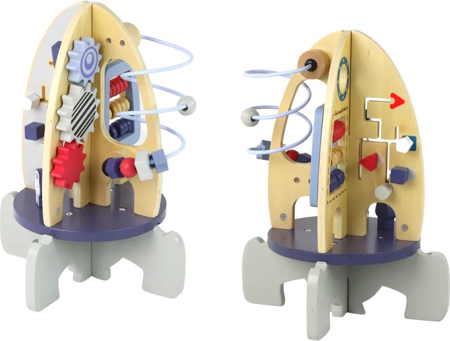 LEAN Toys Drevená edukačná hračka raketa s korálkami a ozubenými kolieskami