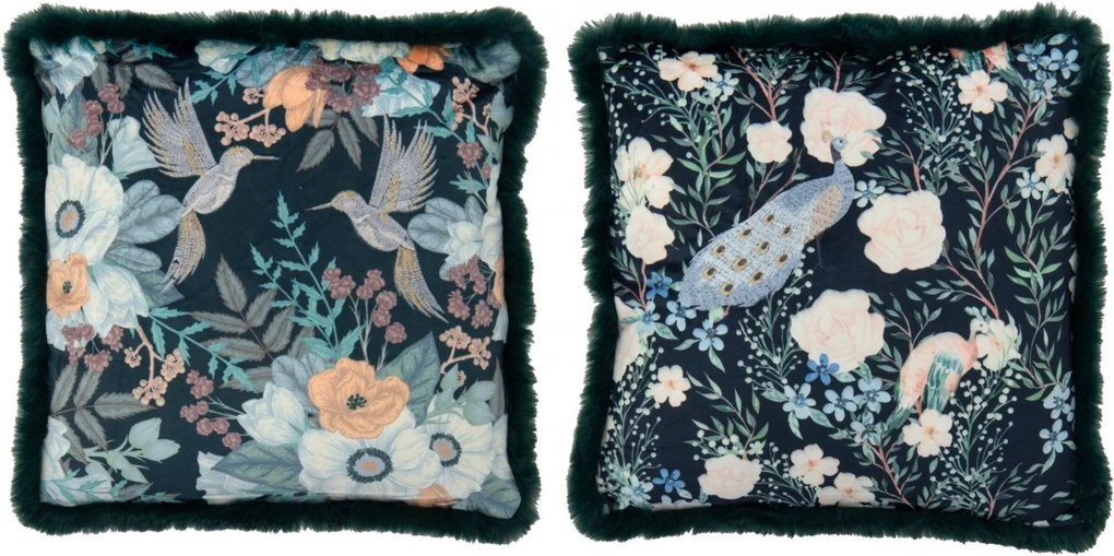 Súprava 2 tmavo zelených vankúšov Flowers + Birds – 45*45*15 cm