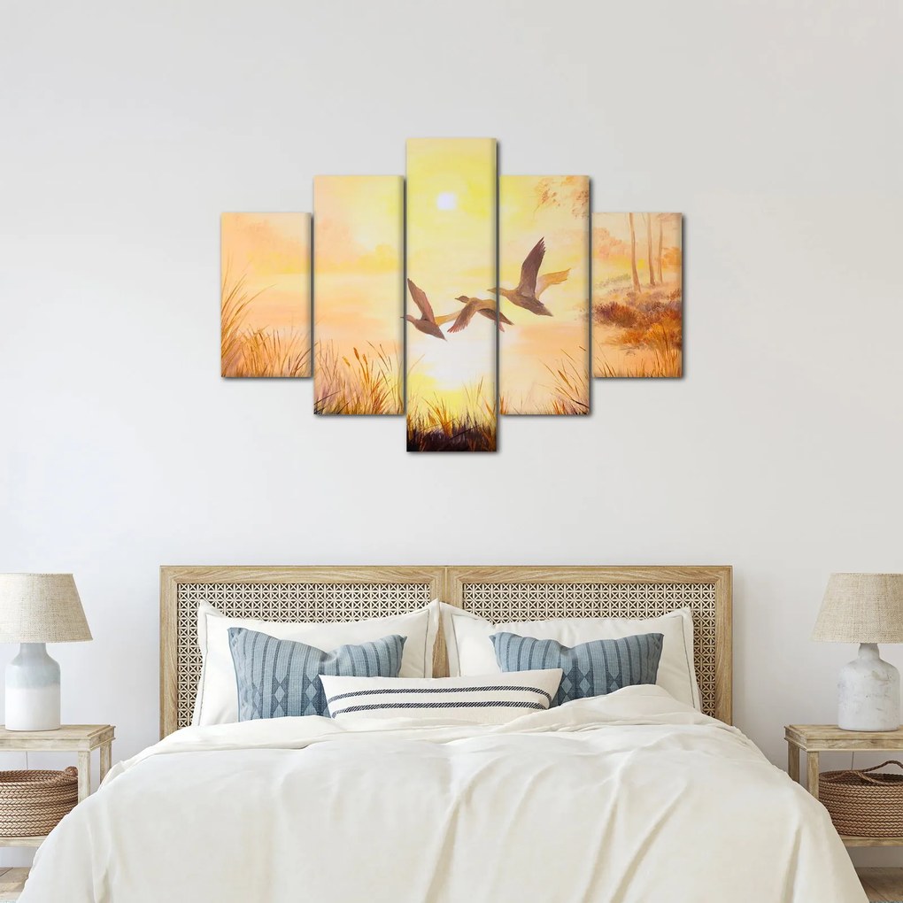 Obraz - Žeriavy pri západe slnka (150x105 cm)