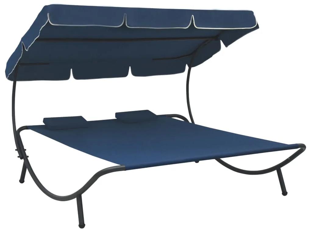 Záhradná posteľ s baldachýnom a vankúšmi, modrá