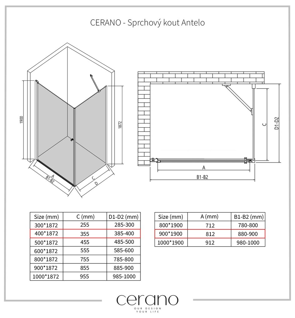 Cerano Antelo, 1-krídlový sprchovací kút 90(dvere) x 40(stena) x 190 cm, 6mm číre sklo, čierny profil, CER-CER-477257