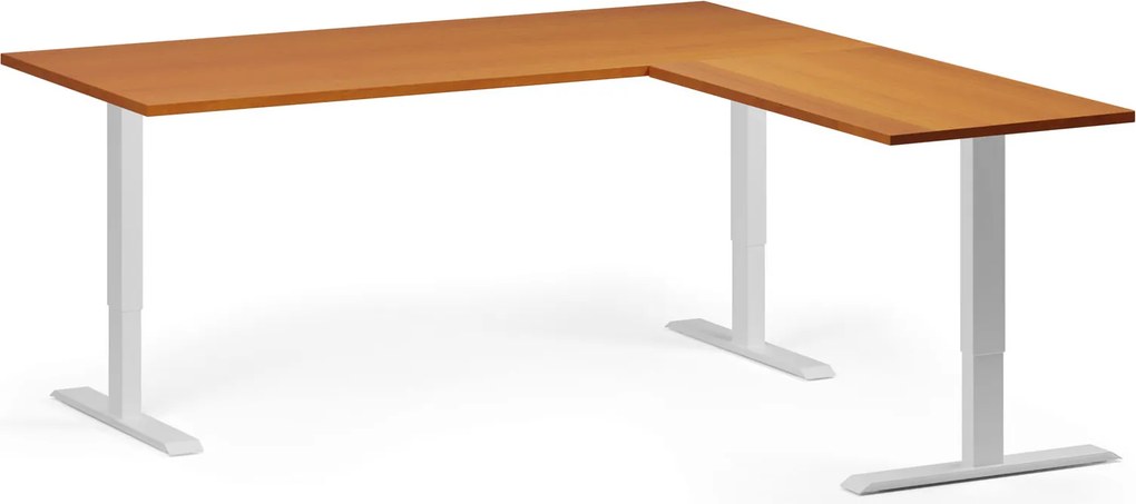 Výškovo nastaviteľný stôl, 180x180 cm, 3 motory, L/P, biela podnož, čerešňa