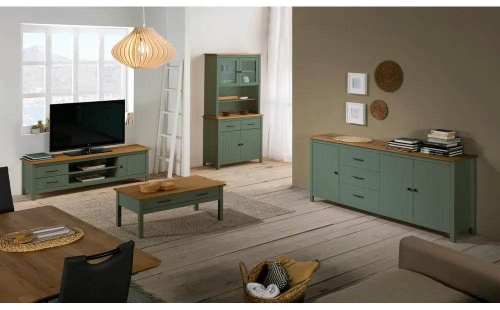 Zelený/v prírodnej farbe TV stolík z borovicového dreva 158x47 cm Miranda – Marckeric