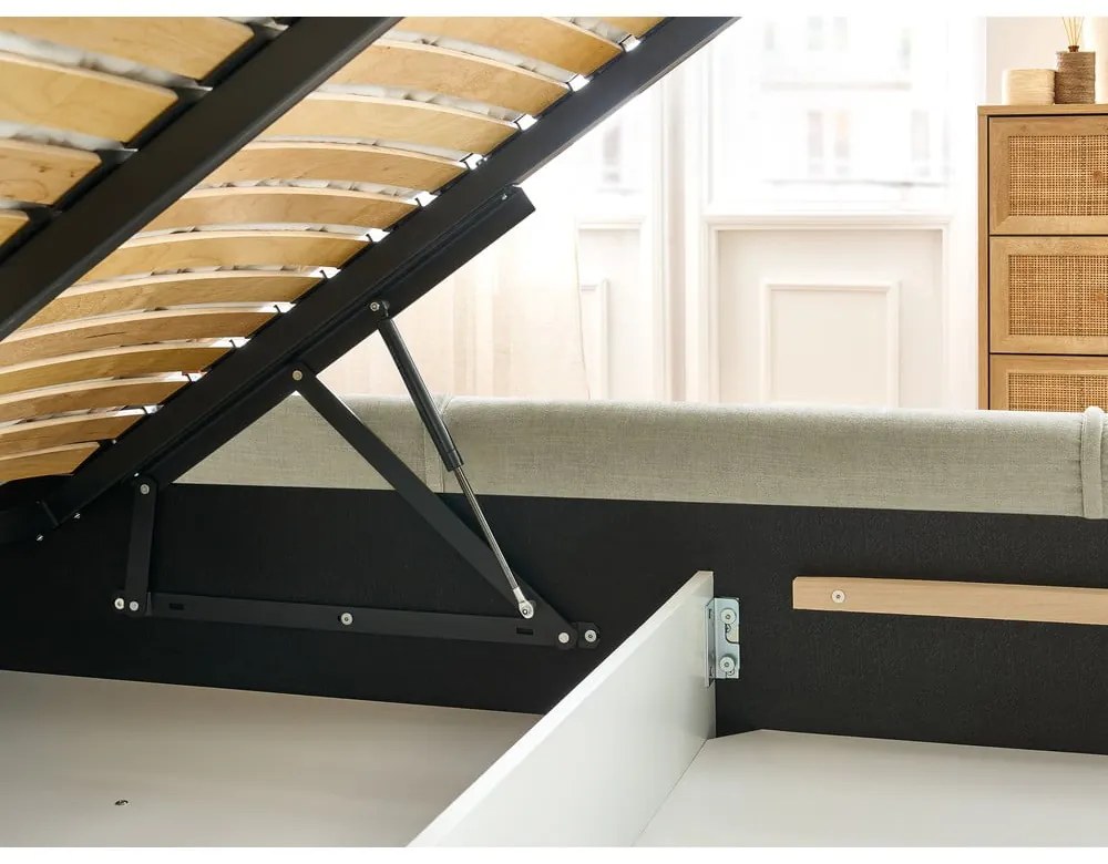 Béžová čalúnená dvojlôžková posteľ s úložným priestorom s roštom 180x200 cm Vernon – Bobochic Paris