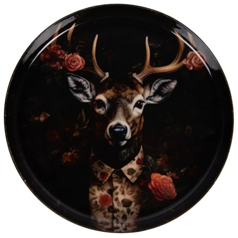 Čierny kovový podtácok hlava Jeleň s kvetmi - Ø 11*1 cm