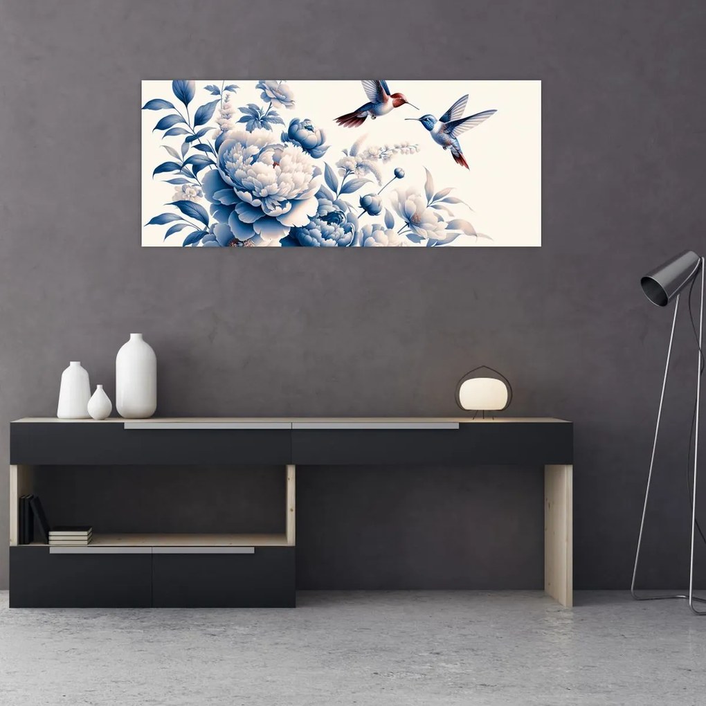 Obraz - Kolibríky nad kvetinou (120x50 cm)