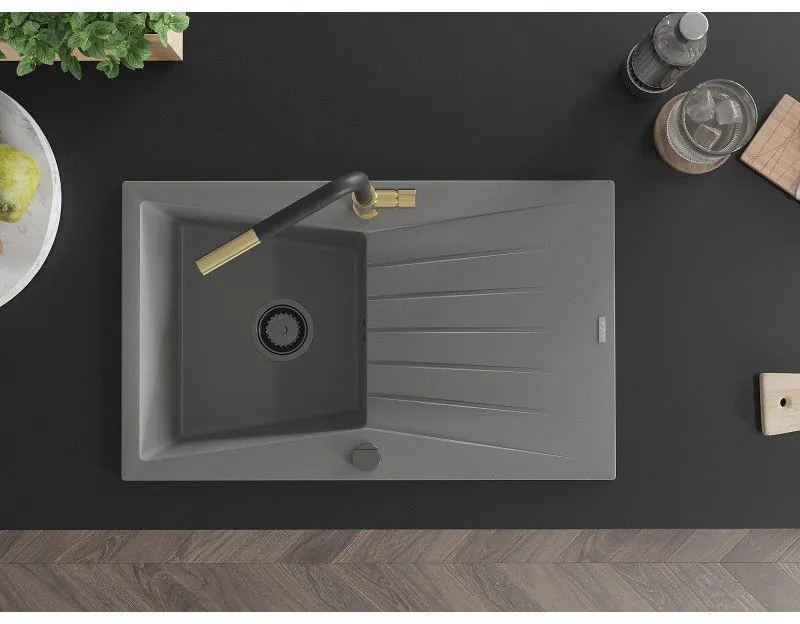 Mexen Cesar, 1-komorový granitový drez 775x470x190 mm a drezová batéria Flora, šedá, 6514-71-670401-57-B