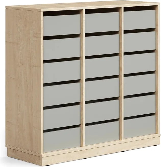 Úložná skrinka CASPER, 18 zásuviek, so soklom, breza/šedá