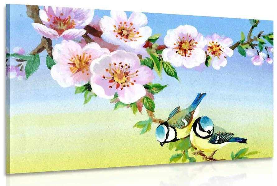 Obraz sýkorky a kvitnúce kvety Varianta: 120x80