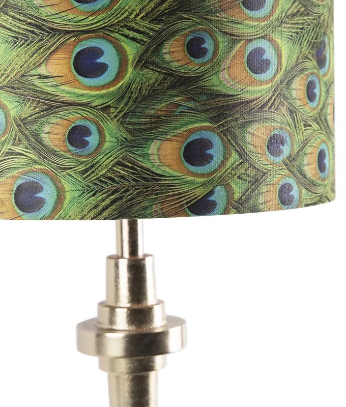 Stolná lampa v štýle Art Deco so zlatým zamatovým tienidlom s motívom pávieho peria 40 cm - Diverso