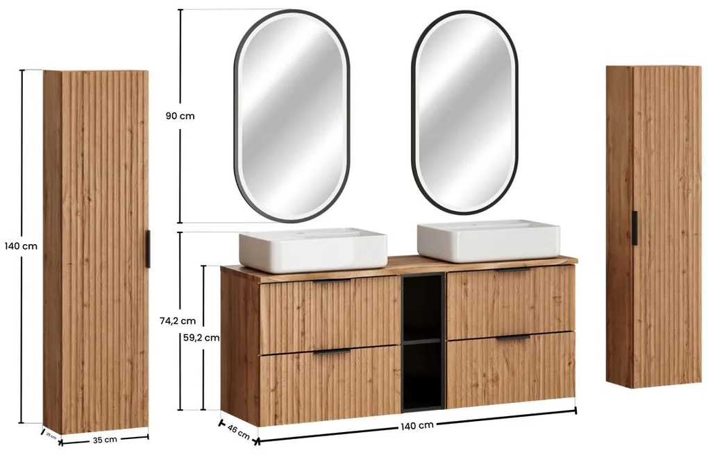 Kúpeľňová zostava Casad Magic s doskou, umývadlami, skrinkami a LED zrkadlom 140 cm dub wotan