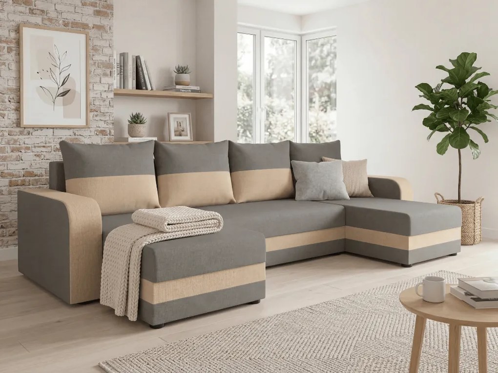 Rozkladacia sedacia súprava do U VALERIO 305x140 cm, svetlosivá/béžová