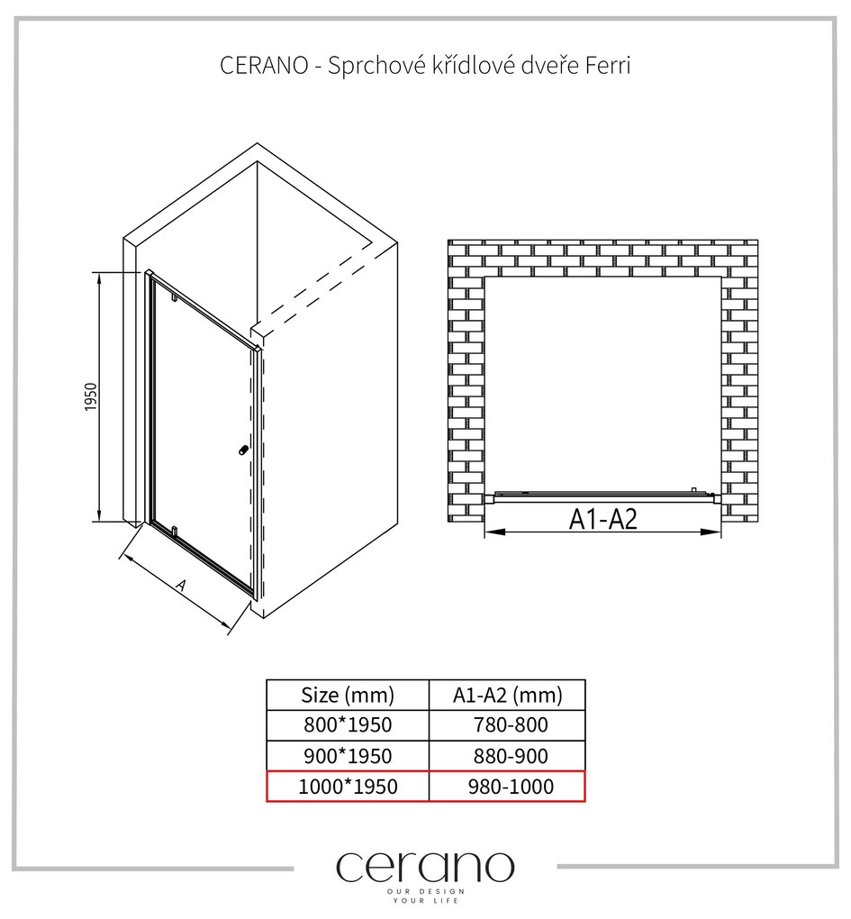 Cerano Ferri, 1-krídlové sprchové dvere 100x195 cm, 6mm číre sklo, čierny profil, CER-CER-425638