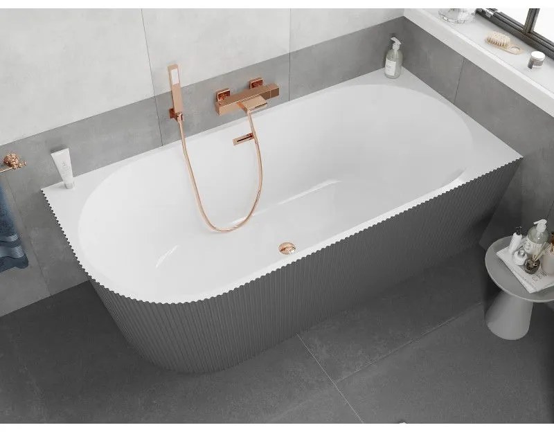 Mexen Silo, rohová voľne stojaca ryhovaná vaňa, pravá, 170 x 80 cm, biela-šedá, ružové zlato prepad, 52891708062P-60