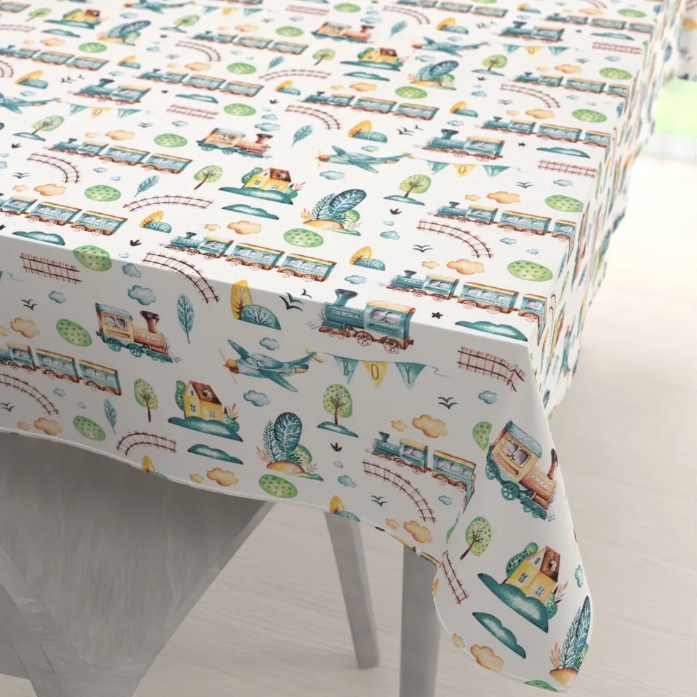 Biante Detský bavlnený obdĺžnikový obrus Sandra SA-659 Modré vláčiky s lietadielkami na bielom 120x200 cm