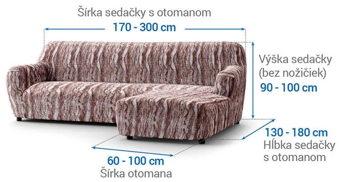 Bielastické poťahy OCEANO NOVÉ hnedo-vínové sedačka s otomanom vpravo (š. 170 - 300 cm)