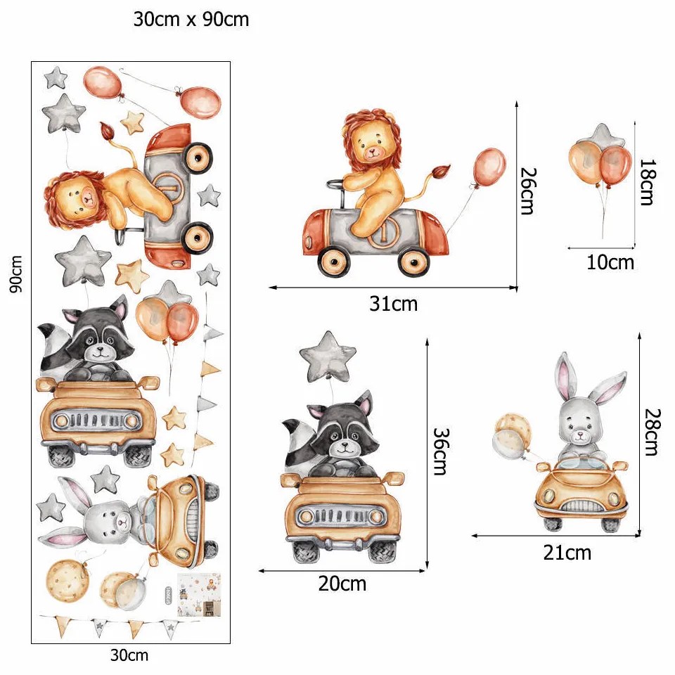 Samolepka na stenu "Autá so zvieratkami" 90x90cm