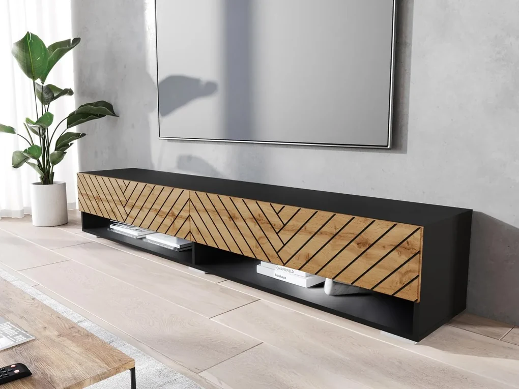 TV stolík/skrinka Adenik 180 MDF, Farby: čierny grafit / čierna fala, Osvetlenie: osvetlenie LED RGB - farebné
