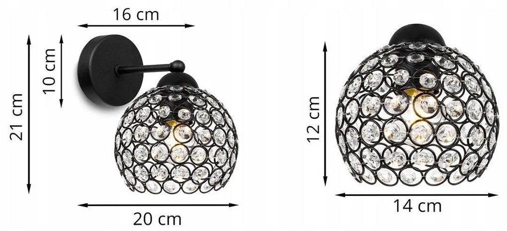 Nástenné svietidlo CRYSTAL 1, 1x čierne krištáľové tienidlo