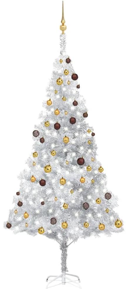 Umelý vianočný stromček s LED s guľami 240 cm strieborný PET 3077526