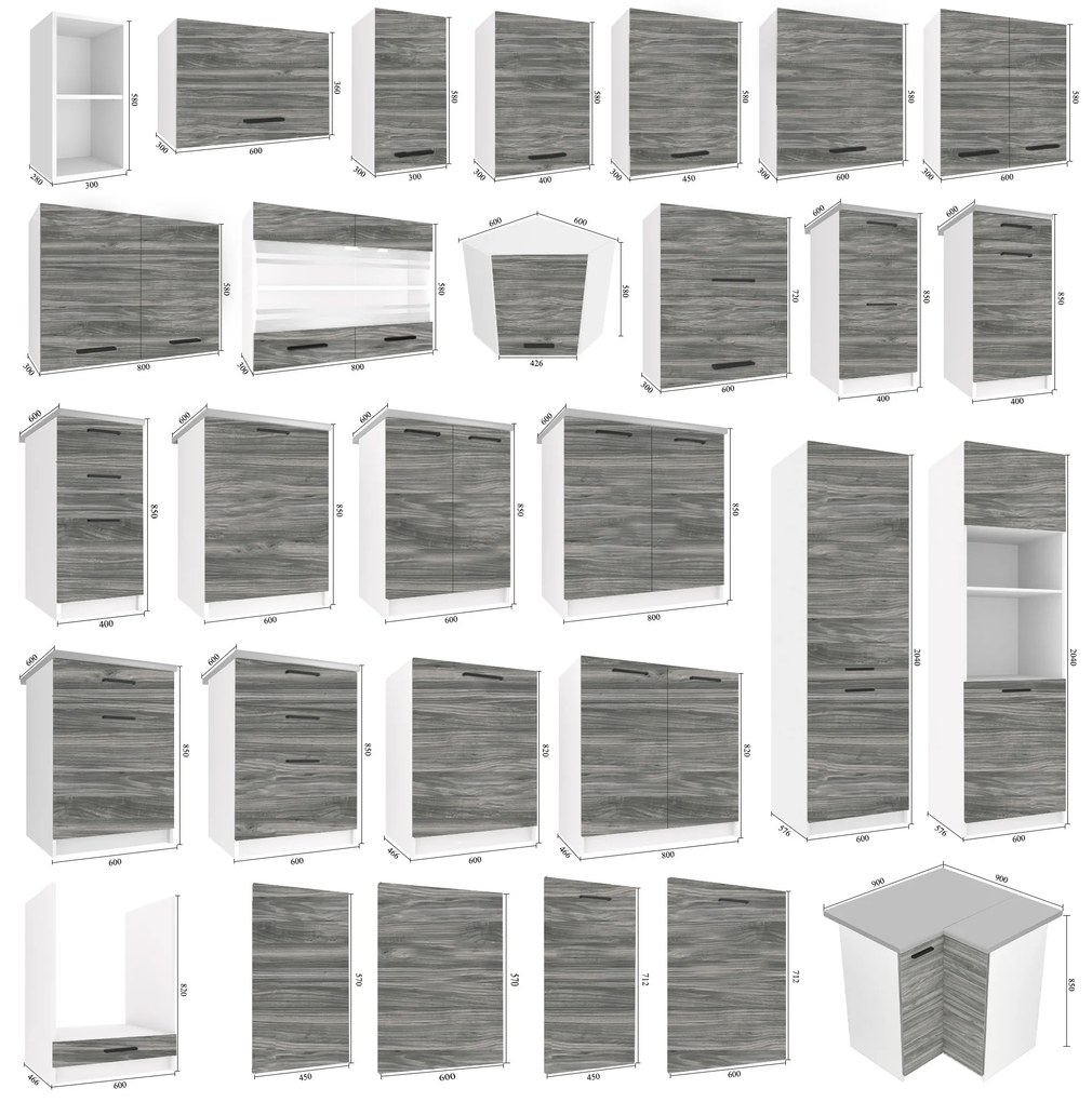 Kuchynská linka Belini 360 cm šedý antracit Glamour Wood s pracovnou doskou Lidiauniqa  TOR LIDIAUNIQA3/4/WT/GW1/0/E