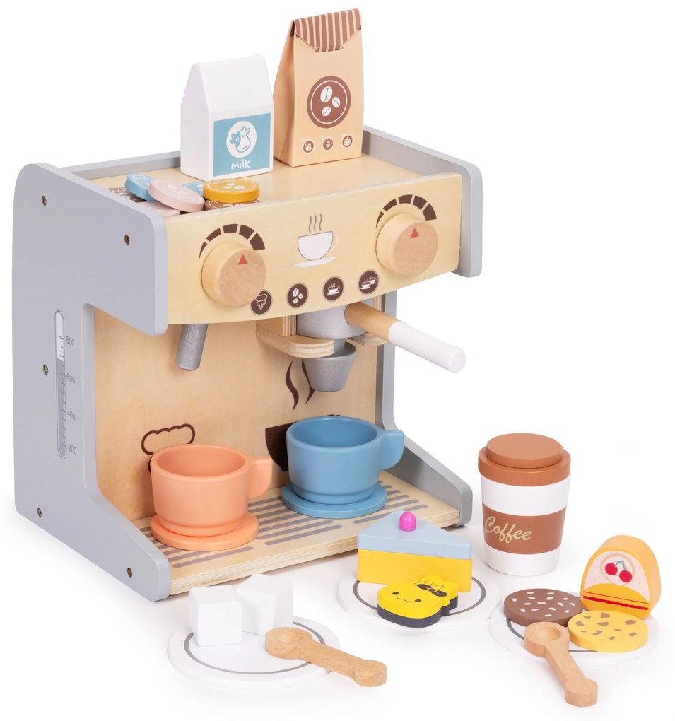 Drevený kávovar pre deti 2 v 1, 26 príslušenstva, ECOTOYS