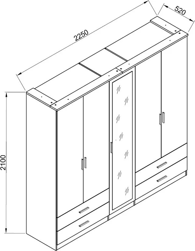 Šatníková skriňa so zrkadlom Savina 225 cm, dub artisan/šalviová