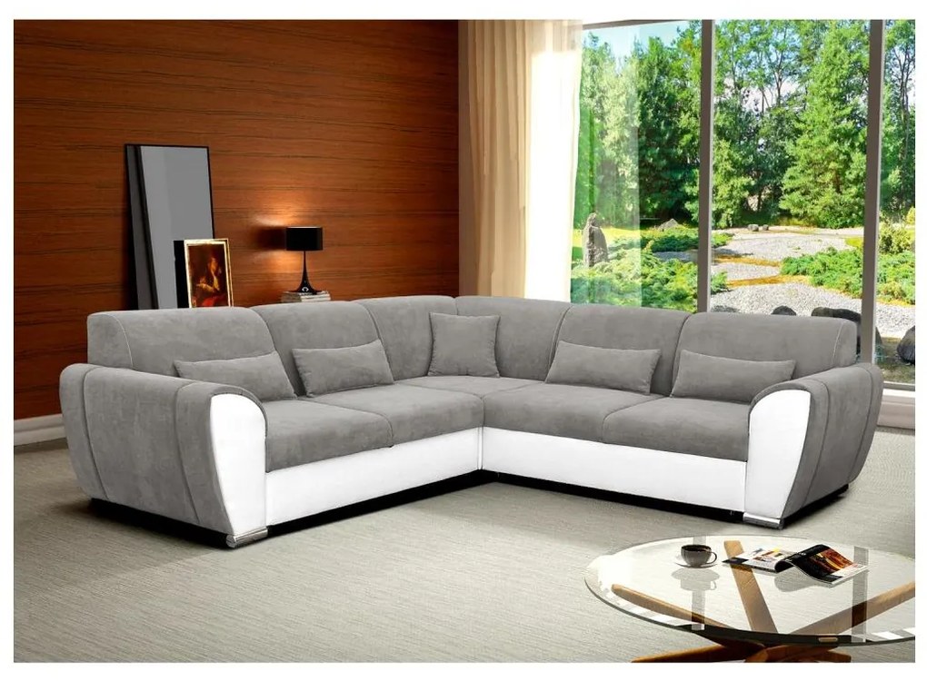 Rozkladacia rohová sedacia súprava VISEU do tvaru L s úložným priestorom, pravá, šedá/biela