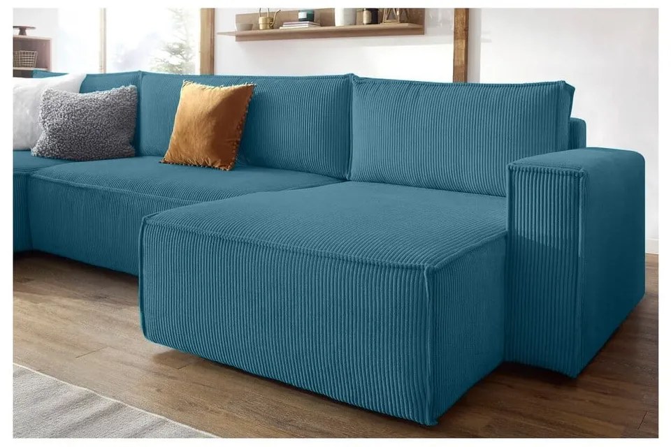 Tyrkysovomodrá menčestrová rozkladacia rohová pohovka Nihad – Bobochic Paris