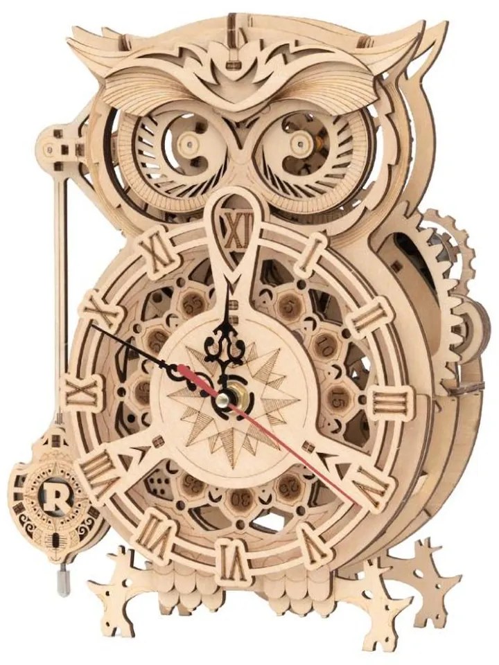 Robotime 3D drevené mechanické puzzle Hodiny Sova kyvadlové 161 ks
