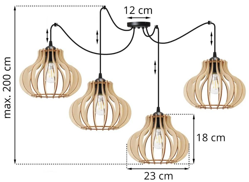 Závesné svietidlo TIMBER SPIDER 3, 4x drevené tienidlo