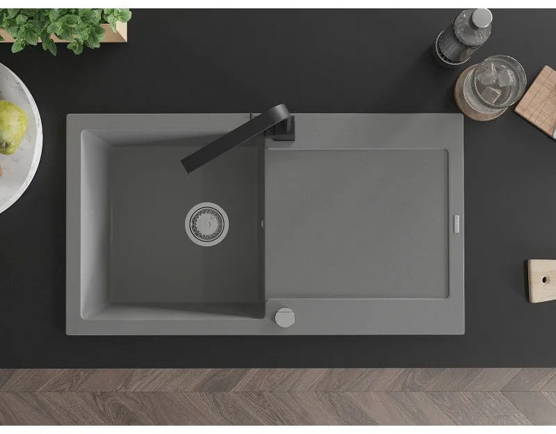 Mexen Leo, drez granitový 900x500x190 mm, 1-komorový, šedý s chrómovým sifónom a čierna drezová batéria Rita, 6501-71-670300-70