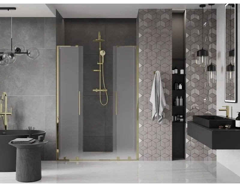 Mexen Velar L Duo, posuvné sprchové dvere do otvoru 160 cm, 8mm sklo námraza, zlatá lesklá, 871-160-003-32-50