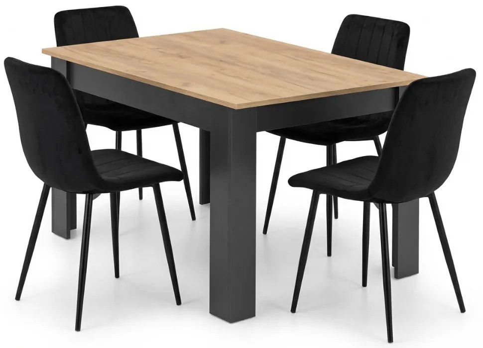 Jedálenský set 1 + 4, stôl MADO 120x80 cm čierna/dub artisan + čierna zamatová stolička LAVA s čiernymi nohami