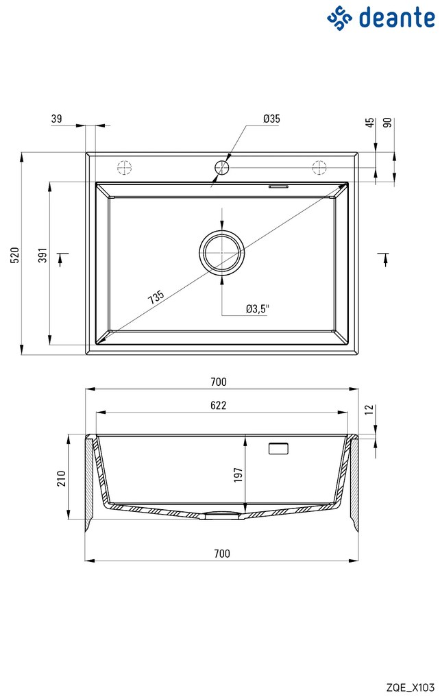 Deante Eridan, granitový drez na dosku 700x520x210 mm, 3,5" + priestorovo úsporný sifón, 1-komorový, grafitová metalíza, ZQE_G103