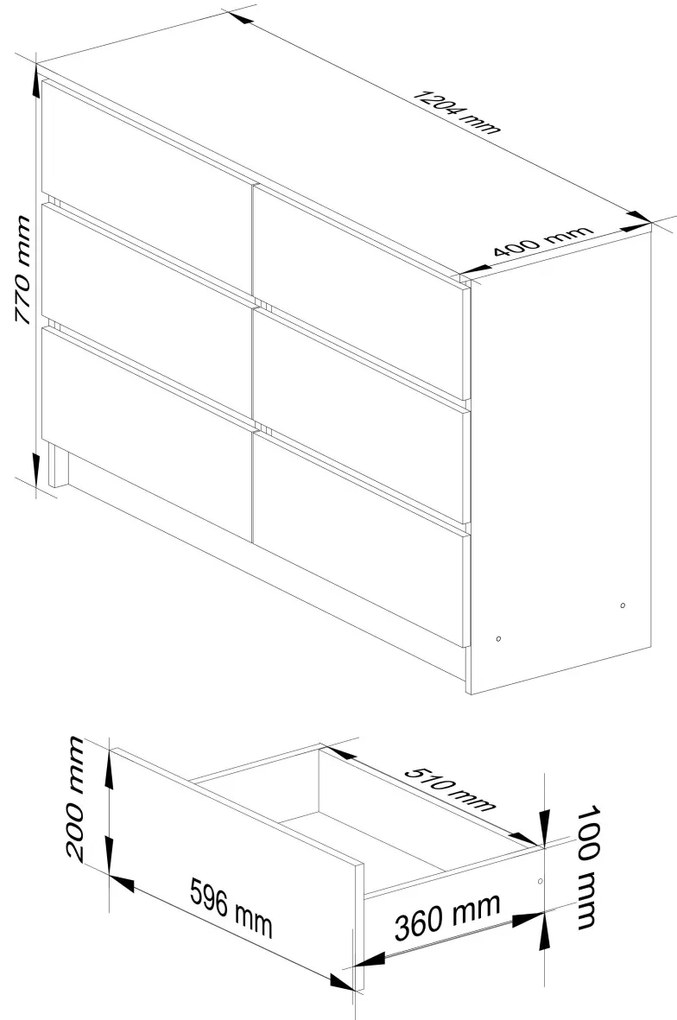 Komoda Kuba 120 cm 6 zásuviek biela/wenge