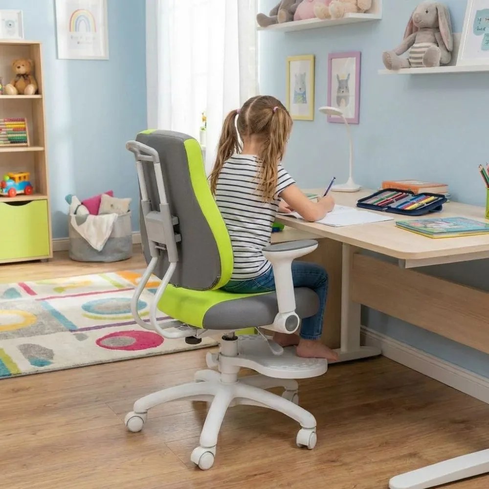 Detská rastúca stolička Neoseat KINDER WHITE PLUS — látka, šedá / zelená