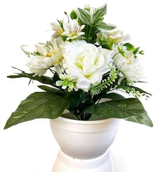 Umelá dekorácia s chryzantémou a ružou, biela, 32 cm