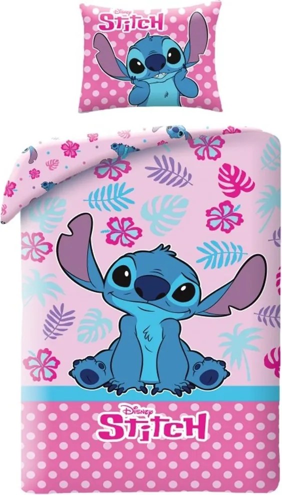 Ružové bavlnené posteľné obliečky Stitch - motív z rozprávky Lilo a Stitch - 100% bavlna - 70 x 90 cm + 140 x 200 cm