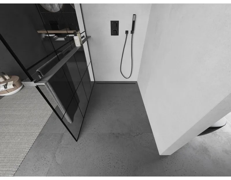 Mexen Kioto+, sprchová zástena Walk-In s poličkou a vešiakom 130 x 200 cm, 8mm číre sklo čierny vzor, grafitový profil, 800-130-121-66-77