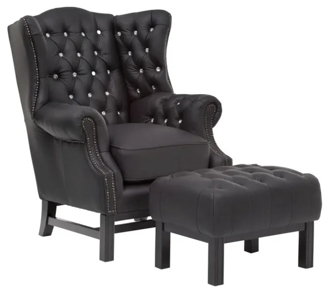 furniture-nabytek.cz - Masívny taburet Chesterfield Kingsfield z pravej kože, čierny – 61×46×43 cm