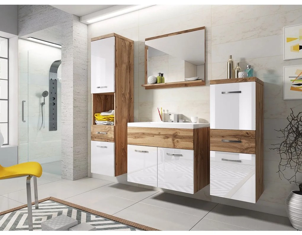 Kúpeľnový nábytok Lumia, Farby: Dub wotan + biely lesk + dub wotan, Sifón: bez sifónu, Umývadlová batéria: Economico BYU 020M