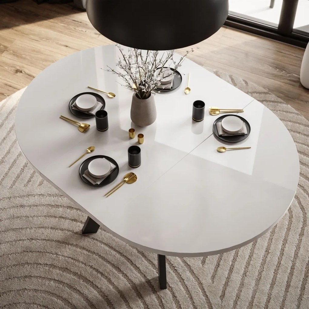 OKRÚHLY ROZKLADACÍ JEDÁLENSKÝ STÔL EWALD BIELY LESK + ČIERNE NOHY 100/140 cm