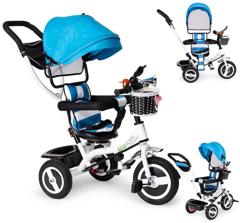 Trojkolka s otočnou strieškou odolné gumové kolieska modrá ECOTOYS