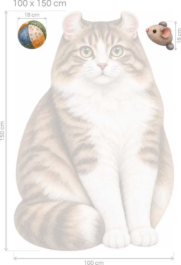 Americký curl s loptičkou a myškou pruhované mačacie nálepky na stenu do spálne arch 31 x 46 cm