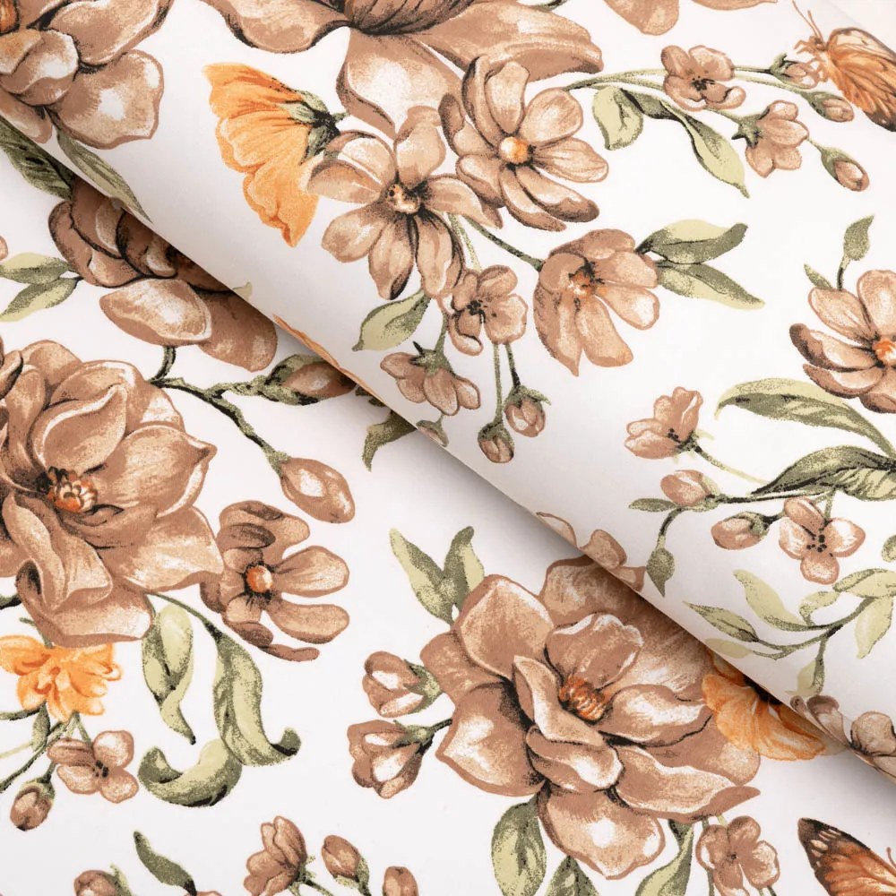 Biante Bavlnený štvorcový obrus Sandra SA-458 Hnedé kvety magnólie s motýlikmi na bielom 150x150 cm